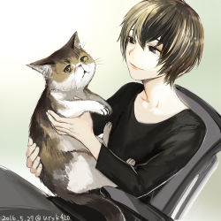 Rule 34 | 1boy, androgynous, animal, black shirt, brown eyes, brown hair, cat, chair, closed mouth, dated, hair between eyes, holding, holding animal, holding cat, long sleeves, looking at viewer, original, shirt, signature, simple background, sitting, smile, uraki (tetsu420), white background