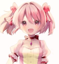 Rule 34 | 1girl, blush, bow, choker, hair bow, kaname madoka, looking at viewer, mahou shoujo madoka magica, open mouth, pendant choker, pink eyes, pink hair, puffy short sleeves, puffy sleeves, ribbon choker, short hair, short sleeves, smile, solo, straight-on, suiren nei, twintails, upper body, vocaloid, white background