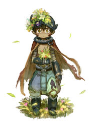 Rule 34 | 1boy, android, brown hair, cape, child, closed mouth, damaged, delicious chicken, facial mark, facial tattoo, fake horns, falling leaves, flower, grass, green shorts, hair between eyes, helmet, highres, holding, holding flower, holding plant, horned helmet, horns, leaf, light blush, looking at viewer, made in abyss, male focus, mechanical arms, mechanical hands, mechanical legs, multicolored clothes, multicolored shorts, nature, nipples, on grass, on ground, pants, pink flower, plant, pointy ears, purple shorts, red cape, red flower, regu (made in abyss), robot, shorts, simple background, slit pupils, solo, standing, tattoo, topless male, two-tone pants, v-shaped eyebrows, white background, white flower, yellow eyes