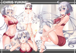 Rule 34 | 1girl, ^^^, ahoge, ass, bare arms, bare legs, bare shoulders, barefoot, blush, bow, bow bra, bow panties, bra, breasts, character name, cleavage, closed mouth, collarbone, dress shirt, feet, fingernails, hair between eyes, hair ribbon, hands on own hips, head rest, highres, index finger raised, large breasts, long hair, long sleeves, looking at viewer, low twintails, lying, mad (hazukiken), multiple views, naked shirt, navel, nose blush, off shoulder, on stomach, open mouth, panties, polka dot, polka dot bra, polka dot panties, purple eyes, red bra, red panties, red ribbon, ribbon, round teeth, senki zesshou symphogear, shirt, silver hair, smile, standing, striped bra, striped clothes, striped panties, teeth, twintails, underwear, upper teeth only, vertical-striped bra, vertical-striped clothes, vertical-striped panties, very long hair, white shirt, yukine chris
