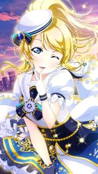 Rule 34 | 1girl, ;), anchor print, anchor symbol, aqua bow, artist name, artist request, asymmetrical gloves, ayase eli, blonde hair, blue bow, blue eyes, blue gloves, blue shirt, blue skirt, blush, bow, bow earrings, bowtie, breasts, center frills, city, closed mouth, cloud, collarbone, dress, dress shirt, earrings, female focus, frilled skirt, frills, gloves, hair between eyes, hat, hat bow, high ponytail, highres, jewelry, long hair, looking at viewer, love live!, love live! school idol festival, love live! school idol project, miniskirt, mismatched gloves, one eye closed, outdoors, parted lips, plaid, plaid skirt, pleated, pleated skirt, ponytail, puffy short sleeves, puffy sleeves, sailor collar, sailor hat, shirt, short hair, short sleeves, skirt, sky, small breasts, smile, solo, star (sky), star (symbol), star print, suspender skirt, suspenders, white gloves, white hat, white sailor collar, white shirt, white skirt, wink