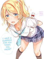 Rule 34 | 10s, 1girl, :d, aqua neckerchief, arms behind back, ayase eli, bag, black socks, blue skirt, blush, breasts, cleavage, commentary request, cookie, downblouse, food, hair between eyes, hair ornament, hair scrunchie, hard-translated, holding, holding behind back, kneehighs, leaning forward, love live!, love live! school idol project, miniskirt, mogu (au1127), neckerchief, open mouth, plaid, plaid skirt, pleated skirt, ponytail, school uniform, scrunchie, serafuku, shirt, short sleeves, sidelocks, skirt, smile, socks, solo, sparkle, third-party edit, tie clip, translated, v-shaped eyebrows, white background, white scrunchie, white shirt