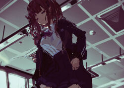 1girl :&lt; black_jacket black_skirt breasts brown_hair ceiling_light cevio collared_shirt commentary_request cowboy_shot dress_shirt dropped_ceiling fluorescent_lamp from_below half-closed_eyes hand_on_own_hip highres indoors jacket kabuyama_kaigi large_breasts long_hair long_sleeves looking_at_viewer looking_down mole mole_under_eye natsuki_karin neck_ribbon office open_clothes open_jacket pleated_skirt purple_eyes purple_ribbon ribbon shirt shirt_tucked_in skirt solo standing suspender_skirt suspenders synthesizer_v tented_shirt twintails white_shirt