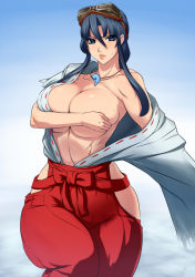 Rule 34 | 1girl, atlus, black hair, blue eyes, breasts, covering privates, covering breasts, curvy, goggles, huge breasts, japanese clothes, long hair, mafen, magatama, miko, sengoku ace, sengoku blade, solo, sweat, togashi koyori, topless, wide hips