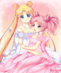Rule 34 | 2girls, absurdres, bare shoulders, bishoujo senshi sailor moon, blonde hair, blue eyes, bow, breasts, chibi usa, cleavage, collarbone, cone hair bun, crescent, crescent facial mark, double bun, dress, eye contact, facial mark, forehead mark, frills, hair bun, highres, jewelry, long hair, looking at another, multiple girls, necklace, pearl necklace, pink background, pink bow, pink dress, pink eyes, pink hair, princess serenity, shirato sayuri, short hair, small lady serenity, smile, strapless, strapless dress, tsukino usagi, twintails, white bow, white dress