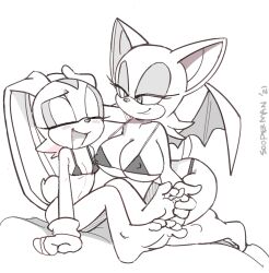 Rule 34 | 2girls, animal ears, artist name, bare legs, barefoot, bat ears, bat girl, bat wings, bikini, breasts, closed eyes, commission, covered erect nipples, cream the rabbit, eyeliner, feet, flat chest, foot grab, furry, furry female, gloves, half-closed eyes, hand on another&#039;s head, kneeling, knees up, large breasts, looking at another, makeup, micro bikini, monochrome, multiple girls, navel, open mouth, rabbit ears, rabbit girl, rabbit tail, rouge the bat, simple background, smile, soles, sonic (series), sooperman, swimsuit, thighs, toes, white background, wings