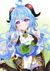 Rule 34 | 1girl, absurdres, ahoge, bare shoulders, bell, black pantyhose, blue hair, blush, bow, breasts, detached sleeves, eating flower, flower, ganyu (genshin impact), genshin impact, gold trim, highres, holding, holding flower, horns, long hair, looking at viewer, medium breasts, neck bell, pantyhose, petals in mouth, purple eyes, qingxin flower, sideboob, sidelocks, sitting, solo, thighlet, tsuri pi, wariza, white flower, white sleeves