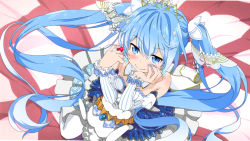 Rule 34 | 1girl, animal, bare shoulders, blue eyes, blue hair, blush, rabbit, commentary request, crystal, crystal earrings, derivative work, djakarta, dress, earrings, elbow in face, elbowing, food, frilled dress, frilled sleeves, frills, from above, fruit, hair ornament, hand on own cheek, hand on own face, hatsune miku, holding, holding food, holding fruit, jewelry, long hair, looking at viewer, looking up, nail polish, puckered lips, sitting, sleeveless, sleeveless dress, smile, snow rabbit, snowflake hair ornament, snowflake print, snowflakes, solo, striped sleeves, tiara, twintails, very long hair, vocaloid, yuki miku, yukine (vocaloid)