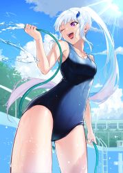 Rule 34 | 1girl, absurdres, alternate costume, bad id, bad pixiv id, blue hair, blue one-piece swimsuit, blue sky, breasts, cleavage, cloud, cloudy sky, colored inner hair, commentary, covered navel, cowboy shot, crotch seam, empty pool, from below, hair ornament, half updo, highres, holding, holding hose, hose, ladder, light rays, lize helesta, long hair, medium breasts, multicolored hair, nijisanji, one-piece swimsuit, one eye closed, open mouth, ponytail, pool, purple eyes, school swimsuit, sidelocks, silver hair, sky, smile, solo, spraying, standing, sunlight, swimsuit, teeth, thighs, tongue, tree, two-tone hair, virtual youtuber, water, wet, zelo6
