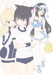 ! 3girls absurdres airi_(blue_archive) alternate_costume animal_ears black_hair blonde_hair blue_archive blue_buruma blue_shorts blush breasts buruma cheerleader crop_top gogoco gym_shirt gym_uniform halo heart highres holding jacket kazusa_(blue_archive) large_breasts long_hair low_twintails midriff miniskirt multiple_girls open_mouth pink_hair pleated_skirt pom_pom_(cheerleading) red_eyes shirt shoes short_hair shorts skirt sleeveless spoken_exclamation_mark spoken_heart thighhighs track_jacket twintails very_long_hair visor_cap white_thighhighs yoshimi_(blue_archive)