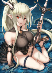 Rule 34 | 1girl, absurdly long hair, arknights, arm support, bare shoulders, black one-piece swimsuit, breasts, detached sleeves, hair between eyes, highres, horns, large breasts, long hair, looking at viewer, official alternate costume, one-piece swimsuit, pointy ears, ponytail, red eyes, sandals, shining (arknights), shining (silent night) (arknights), sitting, solo, staff, swimsuit, thigh strap, thighs, very long hair, water, white hair, yasojima nejiro, yokozuwari