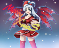 Rule 34 | 1girl, :d, bell, blush, breasts, christmas, cleavage, female focus, grey eyes, hair bobbles, hair ornament, hat, holly, inoshira, long hair, medium breasts, merry christmas, midriff, multiple wings, mystic square, open mouth, santa hat, shinki (touhou), side ponytail, silver hair, skirt, smile, solo, thighhighs, touhou, touhou (pc-98), wings, zettai ryouiki