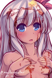 Rule 34 | 10s, 1girl, blue eyes, blush, breasts, butter, commentary, completion time, dark skin, dark-skinned female, food, hair ornament, kantai collection, long hair, looking at viewer, maple syrup, maullarmaullar, nude, ro-500 (kancolle), sexually suggestive, silver hair, small breasts, solo, suggestive fluid, syrup, tan, upper body