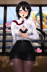 Rule 34 | 1girl, :o, arm behind back, blouse, bra, breasts, building, collared shirt, colorized, from below, hair between eyes, hair ornament, hairclip, highres, large breasts, office lady, original, paizuri invitation, pantyhose, pencil skirt, satansoft1, self-upload, shirt, skirt, underwear, white hair, white shirt, yakimi 27