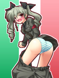 Rule 34 | 10s, 1girl, anchovy (girls und panzer), artist request, ass, blush, breasts, clothes pull, drill hair, from behind, girls und panzer, grey hair, hair ribbon, leaning, leaning forward, long hair, looking at viewer, military, military uniform, open mouth, panties, pants, pants pull, red eyes, ribbon, shiny skin, solo, striped clothes, striped panties, tears, twin drills, twintails, underwear, uniform