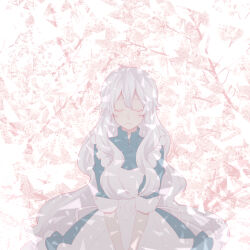 Rule 34 | 11 10 11, 1girl, absurdres, apron, blue dress, branch, cherry blossoms, closed eyes, closed mouth, collared dress, day, dress, facing viewer, flower, frilled apron, frills, hair between eyes, hair over shoulder, highres, kagerou project, kozakura marry, long hair, mekakucity actors, outdoors, pink flower, sleeves past elbows, smile, solo, third-party source, tree, upper body, v arms, very long hair, wavy hair, white apron, white hair, wide shot