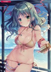Rule 34 | 1girl, absurdres, beach, bikini, bikini pull, blush, breasts, bridal garter, circle name, cleavage, clothes pull, collarbone, cup, day, food, front-tie bikini top, front-tie top, fruit, green eyes, green hair, hair ornament, hair ribbon, hairclip, halterneck, heart collar, highres, hip focus, holding, holding cup, holding spoon, ice cream, large breasts, long hair, looking at viewer, lotion, melon, melonbooks, navel, open mouth, original, outdoors, purple ribbon, ribbon, side-tie bikini bottom, smile, solo, sousouman, spoon, string bikini, sundae, sunscreen, swimsuit, thighs, wavy hair, wet, yellow bikini