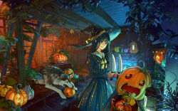 Rule 34 | 1girl, animal, artist name, black hair, blue fire, bookshelf, braid, chimney, closed mouth, dress, fire, hair over shoulder, hat, highres, holding, holding knife, indoors, jack-o&#039;-lantern, kitchen knife, knife, lantern, long hair, neckerchief, original, plant, pumpkin, smile, solo, stairs, witch, witch hat, wolf, yellow neckerchief, yuumei