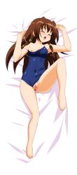 Rule 34 | 00s, absurdres, barefoot, bed, breast slip, breasts, cleft of venus, clothing aside, covered erect nipples, feet, highres, nude, one-piece swimsuit, one breast out, pussy, school swimsuit, sugimura tomokazu, swimsuit, swimsuit aside, tachibana ichika, toes, uncensored, utakata