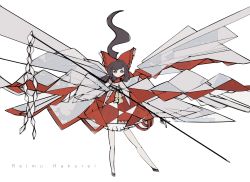 Rule 34 | 1girl, absurdres, adapted costume, ascot, bow, brown hair, character name, cubism, detached sleeves, dress, full body, geometric pattern, geometry, gohei, hair bow, hakurei reimu, harano kaguyama, highres, legs apart, looking at viewer, medium hair, ponytail, red bow, red dress, red eyes, smile, solo, standing, touhou, white background, wide sleeves, yellow ascot