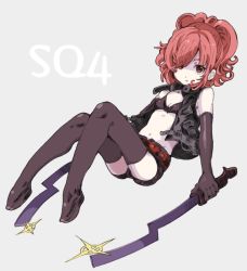 Rule 34 | atlus, bare shoulders, belt, bikini, boots, elbow gloves, etrian odyssey, gloves, navel, night seeker (sekaiju), pale skin, ponytail, red eyes, red hair, sekaiju no meikyuu, sekaiju no meikyuu 4, short shorts, shorts, solo, swimsuit, sword, thigh boots, thighhighs, tsukiya (03212014), vest, weapon