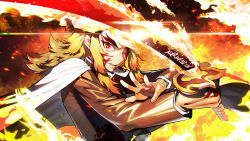 Rule 34 | 1boy, absurdres, black jacket, bleeding, blonde hair, blood, blood on clothes, blood on face, blood on hands, embers, fighting stance, fire, flaming sword, flaming weapon, forked eyebrows, hand up, haori, highres, holding, holding sword, holding weapon, injury, jacket, japanese clothes, katana, kimetsu no yaiba, long hair, long sleeves, looking at viewer, male focus, multicolored hair, one eye closed, open mouth, red eyes, red hair, rengoku kyoujurou, sapysha, smile, solo, sword, two-tone hair, uniform, upper body, weapon