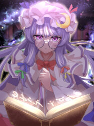 Rule 34 | 1girl, absurdres, benjamin 1kt, bespectacled, blue ribbon, book, crescent, crescent hat ornament, dress, glasses, green ribbon, hair ribbon, hat, hat ornament, highres, long hair, long sleeves, mob cap, open book, patchouli knowledge, purple dress, purple eyes, purple hair, purple hat, red ribbon, ribbon, round eyewear, solo, touhou, wide sleeves, yellow ribbon