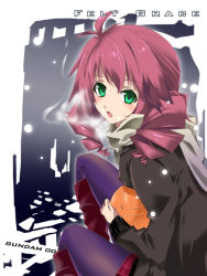 Rule 34 | 00s, 1girl, ahoge, blush, character name, coat, drill hair, feldt grace, green eyes, gundam, gundam 00, haro, looking at viewer, okiura, open mouth, pantyhose, pink hair, plaid, plaid skirt, scarf, skirt, snow, solo, text focus, twin drills, twintails