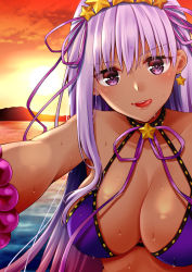 Rule 34 | 1girl, :q, asazuki norito, backlighting, bare shoulders, bb (fate), bb (fate) (all), bb (swimsuit mooncancer) (fate), bb (swimsuit mooncancer) (second ascension) (fate), bead bracelet, beads, bikini, bikini top only, blush, bracelet, breasts, cleavage, commentary request, dark-skinned female, dark skin, earrings, evening, fate/grand order, fate (series), hair ornament, hair ribbon, halterneck, highres, jewelry, large breasts, licking lips, long hair, looking at viewer, md5 mismatch, mountainous horizon, naughty face, open mouth, orange sky, outstretched arm, purple bikini, purple eyes, purple hair, purple ribbon, red sky, resolution mismatch, ribbon, shiny skin, sky, solo, source smaller, star (symbol), star earrings, star hair ornament, straight hair, sunlight, sunset, swimsuit, tongue, tongue out, v-shaped eyebrows, very long hair, water drop, wet