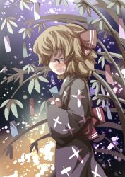 Rule 34 | 1girl, blonde hair, blush, female focus, from side, gaoo (frpjx283), hair ribbon, highres, holding, japanese clothes, kimono, open mouth, red eyes, ribbon, rumia, short hair, solo, tanabata, tanzaku, touhou