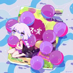 Rule 34 | 1girl, abstract background, ahoge, alternate costume, barefoot, bikini, blue background, blush stickers, braid, candy, covering own mouth, food, glico, green eyes, grey background, highres, holding, holding candy, holding food, kyarai-417, looking at viewer, looking up, mini person, minigirl, multicolored background, navel, purple bikini, purple eyes, purple hair, short hair with long locks, side-tie bikini bottom, sitting, solo, sparkle, swimsuit, twitter username, two-tone eyes, vocaloid, voiceroid, wariza, wrapper, yuzuki yukari