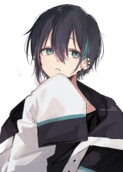 Rule 34 | 1boy, absurdres, black hair, black shirt, blue eyes, blue hair, ear piercing, earrings, hair between eyes, hand up, highres, jacket, jewelry, long sleeves, looking at viewer, male focus, mayuzumi kai, multicolored hair, nijisanji, open clothes, open jacket, parted lips, piercing, shirt, signature, simple background, sleeves past fingers, sleeves past wrists, sofra, solo, streaked hair, twitter username, virtual youtuber, white background, white jacket