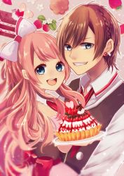 Rule 34 | 1boy, 1girl, :d, blue eyes, bow, braid, brown hair, cookie, dessert, failnaught-em, food, fruit, hair bow, looking at viewer, open mouth, original, pink hair, plate, red bow, red neckwear, short hair, smile, strawberry