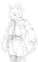 Rule 34 | 1girl, animal ears, blue archive, breasts, dress shirt, extra ears, greyscale, hair between eyes, hair over one eye, halo, hands in pockets, highres, indinu, jacket, kanna (blue archive), large breasts, long hair, long sleeves, looking at viewer, monochrome, necktie, open clothes, open jacket, pantyhose, shirt, shy, simple background, sketch, skirt, solo, very long hair
