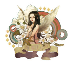 Rule 34 | 1girl, angel, angel wings, black hair, chkuyomi, collarbone, flower, green eyes, lips, long hair, nude, solo, wings