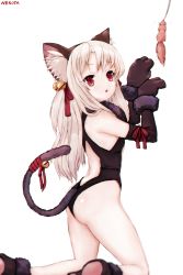 Rule 34 | 1girl, absurdres, animal, animal ears, animal hands, arits tname, ass, bad id, bad pixiv id, black gloves, black leotard, cat ears, cat tail, dangeroes beast (illya), fate/kaleid liner prisma illya, fate (series), gloves, highres, illyasviel von einzbern, kneeling, leotard, long hair, nekoya (liu), official alternate costume, open mouth, paw gloves, paw pose, red eyes, red ribbon, ribbon, shiny skin, silver hair, simple background, solo, tail, tail ornament, tail ribbon, very long hair, white background