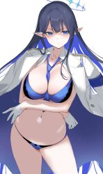 Rule 34 | 1girl, arms under breasts, between breasts, black hair, blue archive, blue bra, blue eyeliner, blue eyes, blue hair, blue necktie, blue panties, bow, bow panties, bra, breasts, cleavage, crossed arms, duplicate, earrings, epaulettes, ev (dai00888), eyeliner, frown, gloves, halo, highres, jacket, jacket on shoulders, jewelry, lace, lace-trimmed bra, lace trim, large breasts, multicolored hair, navel, necktie, necktie between breasts, no eyewear, panties, pointy ears, rin (blue archive), shaded face, solo, star (symbol), star earrings, underwear, white background, white gloves, white jacket