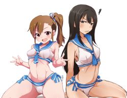 Rule 34 | 10s, 2girls, :d, bikini, black hair, breasts, brown eyes, brown hair, cameltoe, futami mami, green eyes, idolmaster, idolmaster (classic), idolmaster cinderella girls, long hair, looking at viewer, medium breasts, multiple girls, navel, open mouth, parted lips, sailor bikini, sailor collar, sailor swimsuit (idolmaster), seiza, shibuya rin, shift (waage), side ponytail, simple background, sitting, small breasts, smile, swimsuit, w, white background