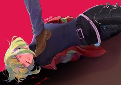 Rule 34 | 1boy, arms behind back, bae (baebae), blood, firefighter jacket, green hair, highres, injury, jacket, leather, leather pants, lio fotia, male focus, nosebleed, on floor, pants, pinstripe pants, pinstripe pattern, promare, purple eyes, shirt, solo focus, stepped on, striped, turtleneck