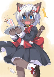 Rule 34 | 1girl, animal ears, bell, blue eyes, blush, cat ears, cat tail, collar, dress, fang, frills, furry, furry female, gathers, hair ornament, hairclip, hyokkori tamago, lace, maid, mary janes, mouse (animal), scared, shoes, socks, solo, tail, toba hiyoko, waitress, white hair