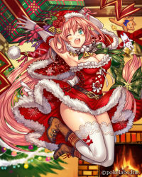 Rule 34 | 1girl, armpits, arms up, bare shoulders, bow, breasts, christmas tree, cleavage, dress, eikou no guardian battle, fire, fireplace, hat, highres, indoors, lace, lace-trimmed legwear, lace trim, long hair, madogawa, no bra, one eye closed, open mouth, santa dress, santa hat, smile, solo, striped bow, stuffed animal, stuffed rabbit, stuffed toy, thighhighs, vertical-striped bow, very long hair, white thighhighs
