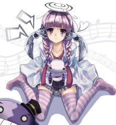 Rule 34 | 10s, 1girl, bad id, bad pixiv id, beamed quavers, braid, character request, divine gate, highres, looking at viewer, minutachi, musical note, purple eyes, purple hair, quaver, sitting, staff (music), twin braids, wariza