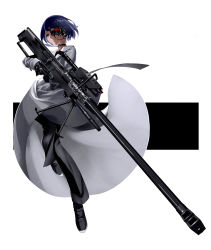Rule 34 | 1girl, anti-materiel rifle, artificial eye, black background, blue eyes, blue hair, choker, commentary request, empty eyes, expressionless, full body, gloves, gun, highres, leather, leather gloves, long coat, looking at viewer, mecha, mechanical eye, original, pants, rifle, robot, short hair, simple background, sniper rifle, solo, trigger discipline, tsuki-shigure, two-tone background, weapon, white background
