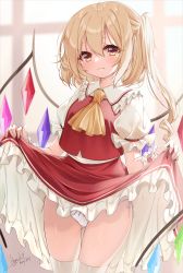 Rule 34 | artist name, ascot, blonde hair, blurry, blurry background, blush, closed mouth, clothes lift, commentary request, cowboy shot, crystal, dated, flandre scarlet, frilled shirt collar, frilled skirt, frills, gluteal fold, hair between eyes, haruki (colorful macaron), highres, lifted by self, medium hair, no headwear, one side up, panties, puffy short sleeves, puffy sleeves, red eyes, red skirt, red vest, shirt, short sleeves, side-tie panties, signature, skirt, skirt lift, skirt set, solo, thighhighs, touhou, underwear, vest, white panties, white shirt, white thighhighs, window, wings, yellow ascot