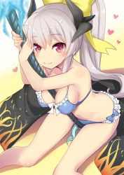 Rule 34 | 1girl, bikini, blue bikini, blush, commentary request, fate/grand order, fate (series), from above, front-tie bikini top, front-tie top, green hair, heart, horns, kiyohime (fate), kiyohime (fate/grand order), kiyohime (swimsuit lancer) (fate), kiyohime (swimsuit lancer) (third ascension) (fate), long hair, looking at viewer, minamura haruki, polearm, ponytail, red eyes, sitting, smile, solo, swimsuit, weapon, yellow background