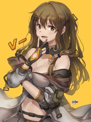 Rule 34 | 1girl, bare shoulders, blush, breasts, brown eyes, brown hair, cleavage, collarbone, fingerless gloves, girls&#039; frontline, gloves, hair between eyes, hair ornament, hair ribbon, hairclip, hand up, highres, k2 (girls&#039; frontline), kyjsogom, long hair, looking at viewer, medium breasts, navel, off shoulder, open clothes, open mouth, open skirt, panties, pantyhose, ribbon, sidelocks, signature, simple background, skirt, smile, solo, stomach, underwear, v, yellow background