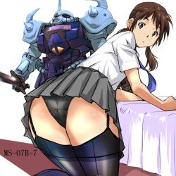 Rule 34 | 1girl, ass, bed, black panties, black thighhighs, blue necktie, brown eyes, brown hair, commentary request, garter straps, gundam, hair ornament, kamisimo 90, kneeling, long hair, looking at viewer, looking back, mecha, necktie, original, panties, parted lips, robot, shirt, solo, thighhighs, thighs, twintails, twintails nurse (kamisimo 90), underwear