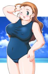 Rule 34 | 1girl, beach, blush, breasts, brown hair, cameltoe, covered erect nipples, female focus, green eyes, large breasts, long hair, looking at viewer, one eye closed, outdoors, plump, sky, smile, solo, swimsuit, tanuki gakuen