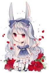 Rule 34 | animal ears, bare arms, bare shoulders, bow, chibi, choker, collarbone, commission, dress, flower, grey hair, hair bow, hair ribbon, highres, jewelry, lilianei, long hair, necklace, open mouth, original, rabbit, rabbit ears, red eyes, ribbon, rose, thighhighs, wavy hair, white hair