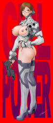 Rule 34 | 1girl, armor, ass, blue eyes, boots, breastless clothes, breasts, brown hair, curvy, earrings, elbow gloves, fingerless gloves, fingernails, glasses, gloves, gun, hand on own hip, high heels, highres, jewelry, koutarou, large breasts, leotard, lipstick, long fingernails, looking back, makeup, nail, nail polish, nipples, no bra, open clothes, original, plump, red-framed eyewear, science fiction, shoes, short hair, signature, solo, standing, thigh boots, thighhighs, thong leotard, turtleneck, weapon, zipper